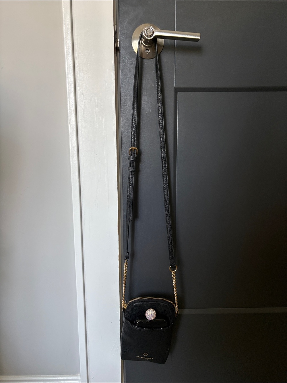 NEVER USED Nanette Lepore Black Crossbody Pouch with Gold Chain and Flask